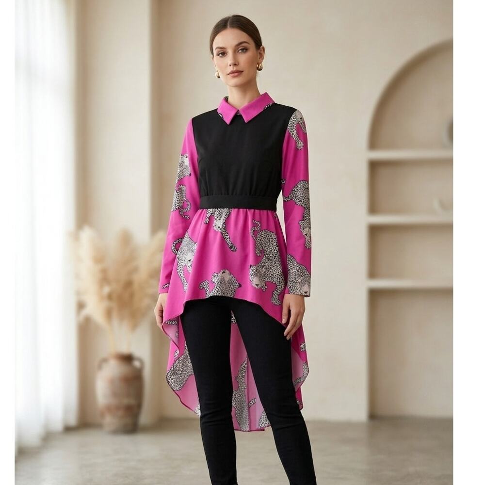Shein Tunic Top Womens M Hot Pink Leopard Print Long Sleeve High-Low Hem Modern